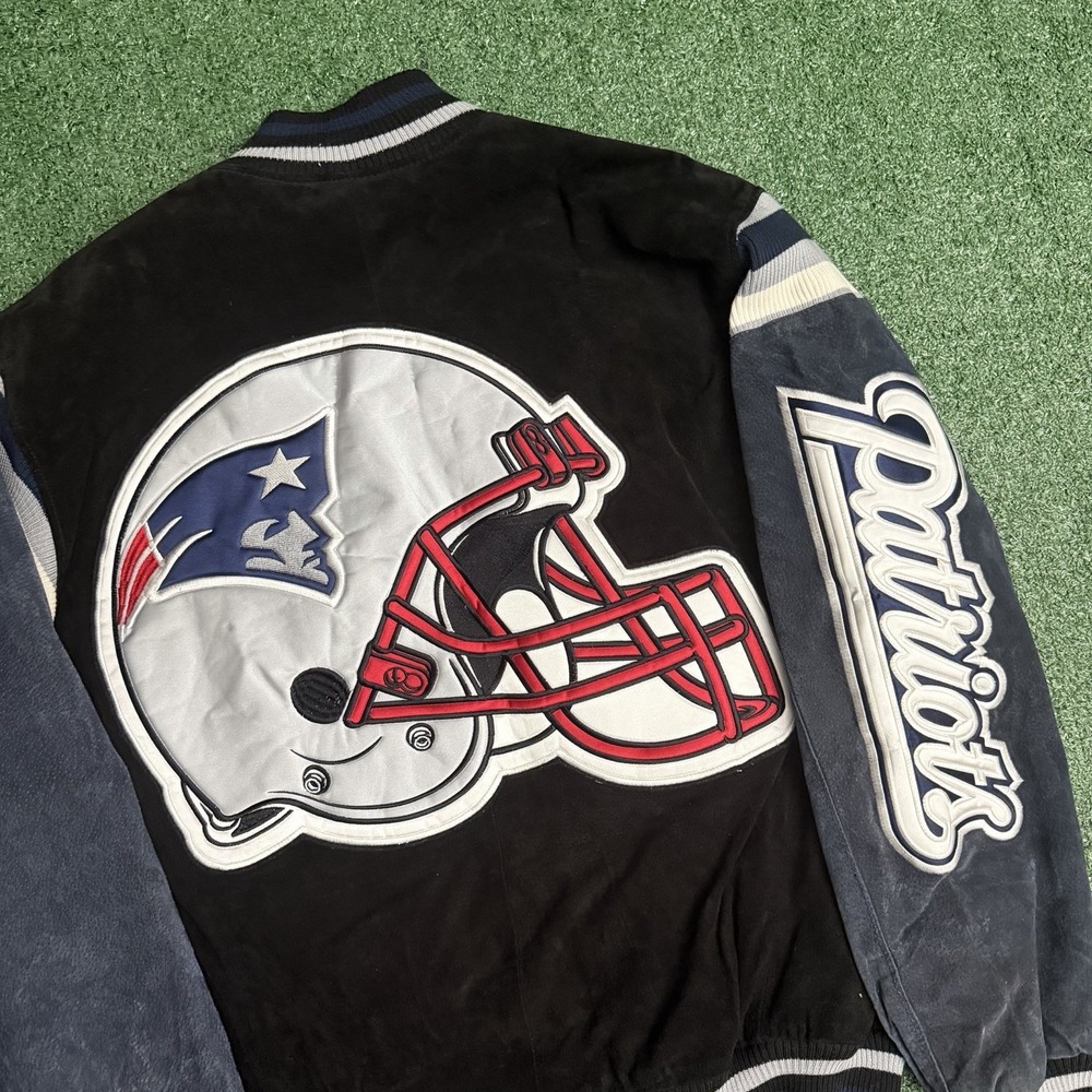 New England Patriots NFL Brand Suede Leather Bomber Jacket Coat Mens Size XL